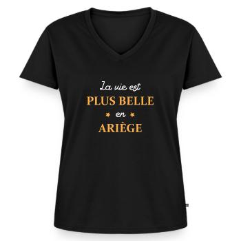 La vie est plus belle en Ariège - T-shirt encolure en V Premium bio Femme - noir - Devant - AI Model Female 172 light (172cm)