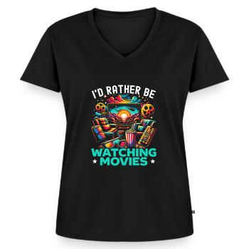 Zitat „filmkino-liebhaber-popcorn-film Ansehen“ - Frauen Premium Bio T-Shirt mit V-Ausschnitt - Schwarz - Vorne - AI Model Female 172 light (172cm)