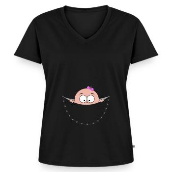 regard ventre poche sac bébé grossesse - T-shirt encolure en V Premium bio Femme - noir - Devant - AI Model Female 172 light (172cm)