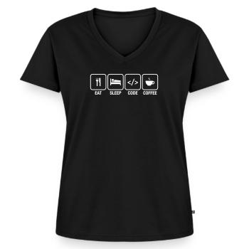 Geek - Eat, Sleep, Code, Coffee - Frauen Premium Bio T-Shirt mit V-Ausschnitt - Schwarz - Vorne - AI Model Female 172 light (172cm)