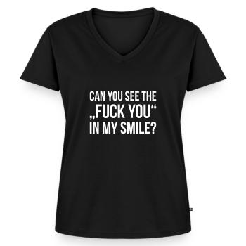 CAN YOU SEE THE FUCK YOU IN MY SMILE - Frauen Premium Bio T-Shirt mit V-Ausschnitt - Schwarz - Vorne - AI Model Female 172 light (172cm)