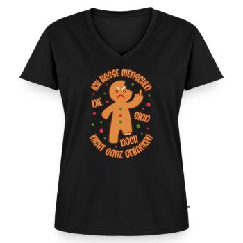 Lebkuchenmann Ich hasse Menschen Gebacken Geschenk - Frauen Premium Bio T-Shirt mit V-Ausschnitt - Schwarz - Vorne - AI Model Female 172 light (172cm)