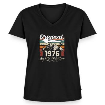 1976 - Cadeau né en 1976 - T-shirt encolure en V Premium bio Femme - noir - Devant - AI Model Female 172 light (172cm)