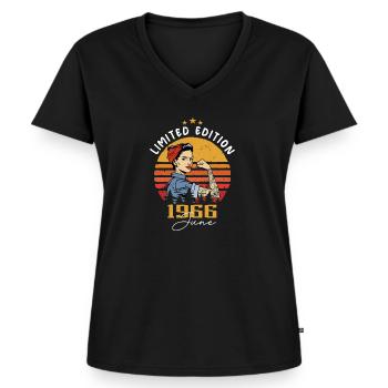 Millésime 1966 - Né en Juin 1966 - T-shirt encolure en V Premium bio Femme - noir - Devant - AI Model Female 172 light (172cm)
