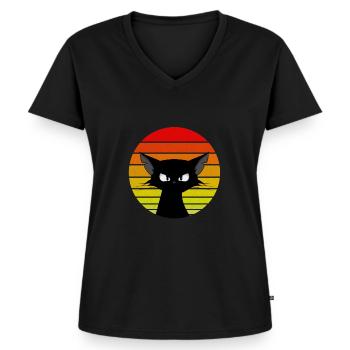 süße Comic Katze / Kater Motiv Sticker Tasse Shirt - Frauen Premium Bio T-Shirt mit V-Ausschnitt - Schwarz - Vorne - AI Model Female 172 light (172cm)