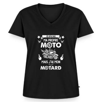 Femme Copine de Motard Cadeau Humour Moto - T-shirt encolure en V Premium bio Femme - noir - Devant - AI Model Female 172 light (172cm)