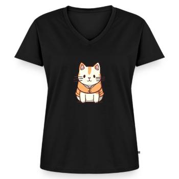 Katze - Kawaii Style - Frauen Premium Bio T-Shirt mit V-Ausschnitt - Schwarz - Vorne - AI Model Female 172 light (172cm)