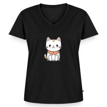 Katze - Kawaii Style - Frauen Premium Bio T-Shirt mit V-Ausschnitt - Schwarz - Vorne - AI Model Female 172 light (172cm)