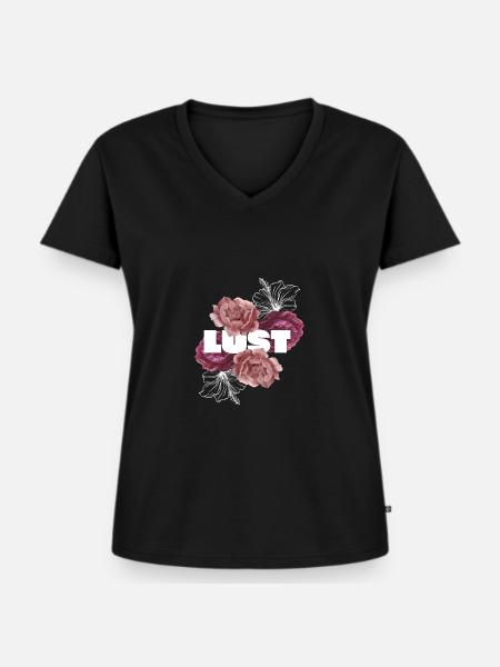 "Lust" mit rosa Rosenhintergrund - Frauen Premium Bio T-Shirt mit V-Ausschnitt - Schwarz