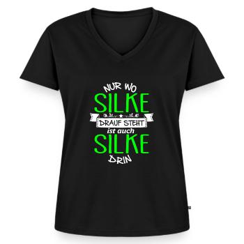 SILKE die Echte - Frauen Premium Bio T-Shirt mit V-Ausschnitt - Schwarz - Vorne - AI Model Female 172 light (172cm)