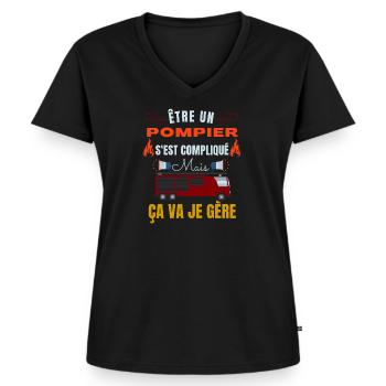 être un Pompier s'est compliqué mais ça va je gère - T-shirt encolure en V Premium bio Femme - noir - Devant - AI Model Female 172 light (172cm)