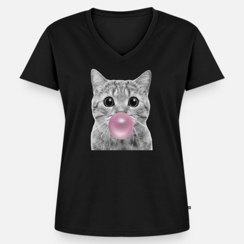 Bubble Katze - Frauen Premium Bio T-Shirt mit V-Ausschnitt - Schwarz
