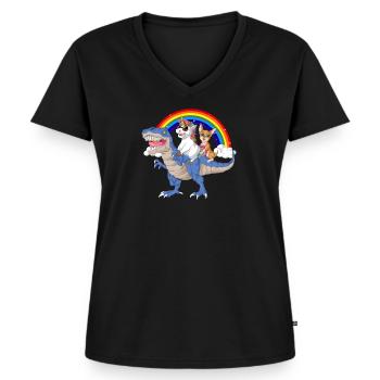 licorne et Chihuahua chevauchant le dinosaure trex - T-shirt encolure en V Premium bio Femme - noir - Devant - AI Model Female 172 light (172cm)