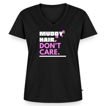 Muddy Hair don't care Mottoshirt - Frauen Premium Bio T-Shirt mit V-Ausschnitt - Schwarz - Vorne - AI Model Female 172 light (172cm)