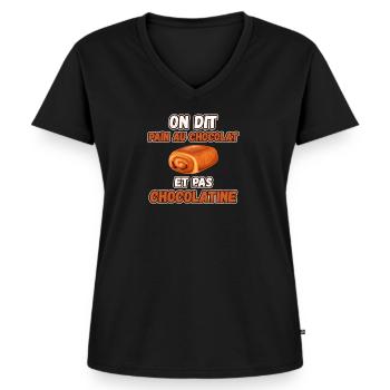 pain au chocolat et non Chocolatine - T-shirt encolure en V Premium bio Femme - noir - Devant - AI Model Female 172 light (172cm)