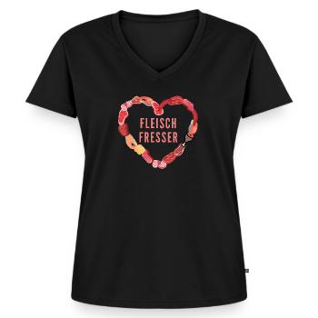 Fleisch Fresser Design Meat Fisch Wurst Herz - Frauen Premium Bio T-Shirt mit V-Ausschnitt - Schwarz - Vorne - AI Model Female 172 light (172cm)
