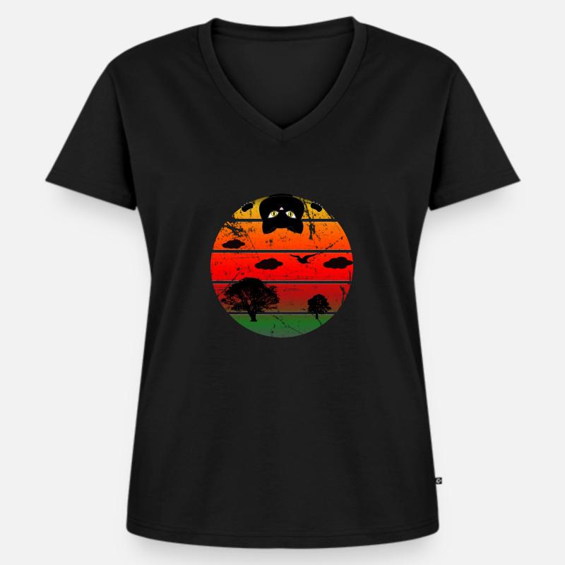 Sunset Cat - Frauen Premium Bio T-Shirt mit V-Ausschnitt - Schwarz