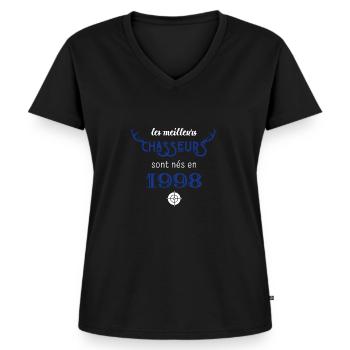 Anniversaire chasseur 1998 - T-shirt encolure en V Premium bio Femme - noir - Devant - AI Model Female 172 light (172cm)