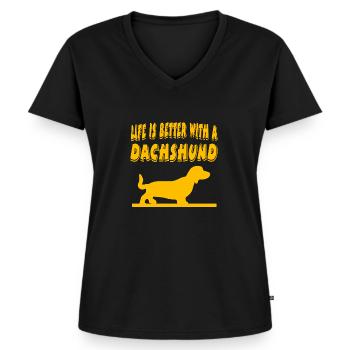 Dackel - Frauen Premium Bio T-Shirt mit V-Ausschnitt - Schwarz - Vorne - AI Model Female 172 light (172cm)