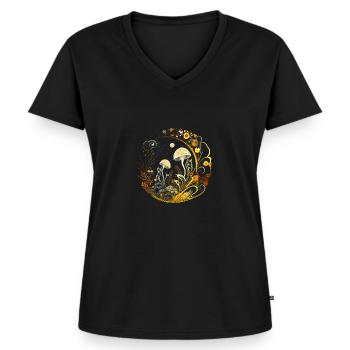 Rundes Florales Pilz Artwork Golden - Frauen Premium Bio T-Shirt mit V-Ausschnitt - Schwarz - Vorne - AI Model Female 172 light (172cm)