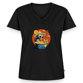 Squelette frais assis dans une soupe de nouilles ramen - T-shirt encolure en V Premium bio Femme - noir - Devant - AI Model Female 172 light (172cm)