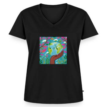 Nachhaltige Welt - Frauen Premium Bio T-Shirt mit V-Ausschnitt - Schwarz - Vorne - AI Model Female 172 light (172cm)