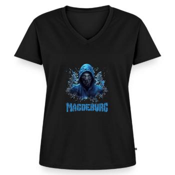Magdeburg T-Shirt für Magdeburger Ultras - Frauen Premium Bio T-Shirt mit V-Ausschnitt - Schwarz - Vorne - AI Model Female 172 light (172cm)