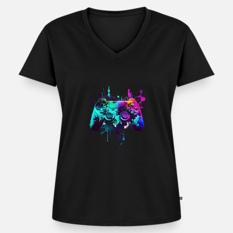 Neon Gaming Controller / Kontroller - Frauen Premium Bio T-Shirt mit V-Ausschnitt - Schwarz