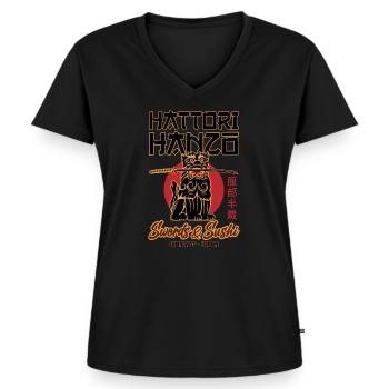 Hattori Hanzo Schwert und Japan Sushi Geschenk - Frauen Premium Bio T-Shirt mit V-Ausschnitt - Schwarz - Vorne - AI Model Female 172 light (172cm)