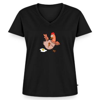 Le poulet met un œuf de dessin animé - T-shirt encolure en V Premium bio Femme - noir - Devant - AI Model Female 172 light (172cm)