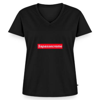 Supr logo rouge écriture blanc marque connu - T-shirt encolure en V Premium bio Femme - noir - Devant - AI Model Female 172 light (172cm)