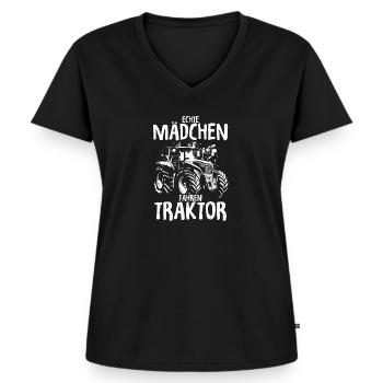 Echte Mädchen Fahren Traktor schönes Trecker Landw - Frauen Premium Bio T-Shirt mit V-Ausschnitt - Schwarz - Vorne - AI Model Female 172 light (172cm)