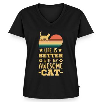 Chat Rétro Vintage - T-shirt encolure en V Premium bio Femme - noir - Devant - AI Model Female 172 light (172cm)