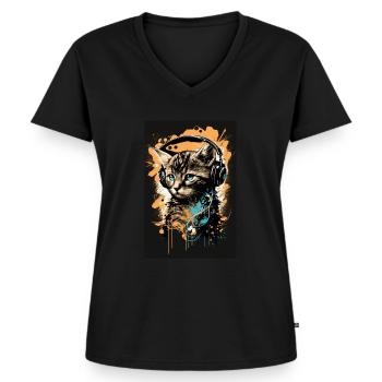 Katze Headphones Kopfhörer Musik - Frauen Premium Bio T-Shirt mit V-Ausschnitt - Schwarz - Vorne - AI Model Female 172 light (172cm)