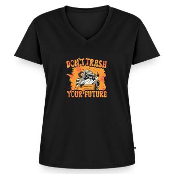 Racoon Trash - Frauen Premium Bio T-Shirt mit V-Ausschnitt - Schwarz - Vorne - AI Model Female 172 light (172cm)