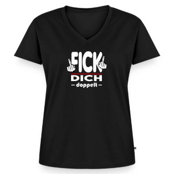 Fick Dich doppelt Mittelfinger Fuck Off Sprüche - Frauen Premium Bio T-Shirt mit V-Ausschnitt - Schwarz - Vorne - AI Model Female 172 light (172cm)