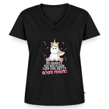 Klein Lieb Nett - Böser Fehler Spruch Einhorn - Frauen Premium Bio T-Shirt mit V-Ausschnitt - Schwarz - Vorne - AI Model Female 172 light (172cm)
