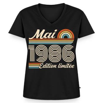Mai 1986 - T-shirt encolure en V Premium bio Femme - noir - Devant - AI Model Female 172 light (172cm)