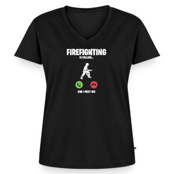 Feuerwehr ruft an ich muss los - Frauen Premium Bio T-Shirt mit V-Ausschnitt - Schwarz - Vorne - AI Model Female 172 light (172cm)