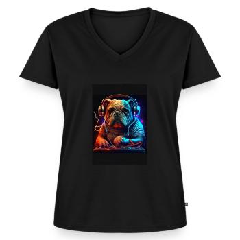 Bulldog DJ Chien DJ - T-shirt encolure en V Premium bio Femme - noir - Devant - AI Model Female 172 light (172cm)