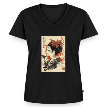 Kwiatowy Gejsza Tusz Art - Ekologiczna damska koszulka z dekoltem w serek Premium - czarny - Przód - AI Model Female 172 light (172cm)