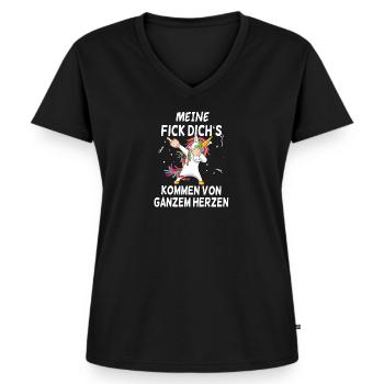 Einhorn Meine Fick dich's Spruch Ironie Sarkasmus - Frauen Premium Bio T-Shirt mit V-Ausschnitt - Schwarz - Vorne - AI Model Female 172 light (172cm)