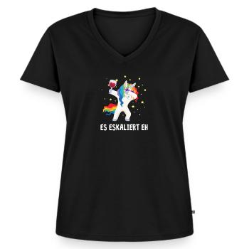 Es eskaliert eh dab Einhorn Wein Party Geschenk - Frauen Premium Bio T-Shirt mit V-Ausschnitt - Schwarz - Vorne - AI Model Female 172 light (172cm)