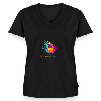 Halloween Süßes oder Saures Geschenkidee - Frauen Premium Bio T-Shirt mit V-Ausschnitt - Schwarz - Vorne - AI Model Female 172 light (172cm)