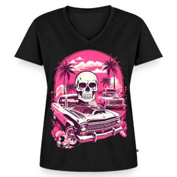 Voiture classique et crâne - T-shirt encolure en V Premium bio Femme - noir - Devant - AI Model Female 172 light (172cm)