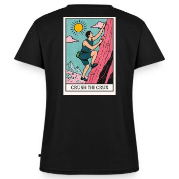 Abenteuerliches Boulder Motiv - Frauen Premium Bio T-Shirt mit V-Ausschnitt - Schwarz - Hinten - AI Model Female 172 light (172cm)