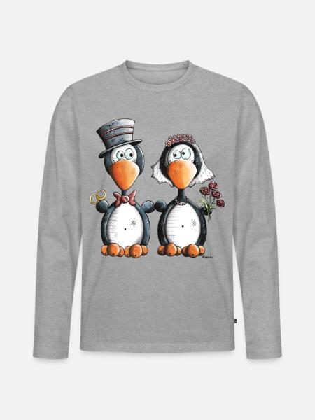 Pinguin Hochzeit - Männer Premium Bio Langarmshirt - Grau meliert