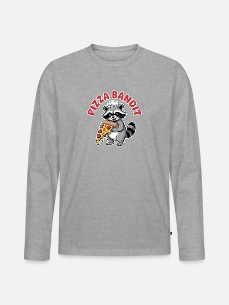 Racoon mit Pizzastück und Kochmütze - Männer Premium Bio Langarmshirt - Grau meliert