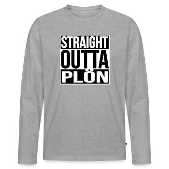 STRAIGHT OUTTA PLÖN - Männer Premium Bio Langarmshirt - Grau meliert - Vorne - Nico (187cm)