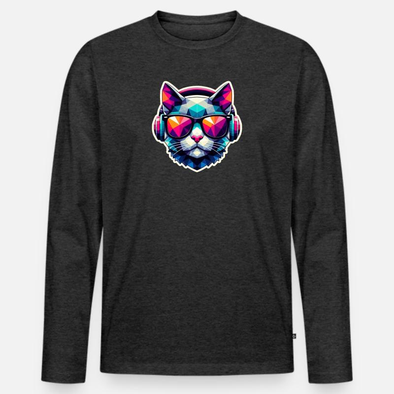 Katze Brille Kopfhörer bunt polygon - Männer Premium Bio Langarmshirt - Anthrazit meliert